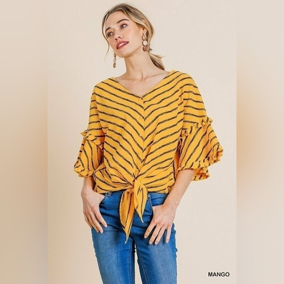 Umgee Bell Ruffle Sleeve Striped V-Neck Button Front Top with Tie and Scoop Hem - Picture 1 of 5